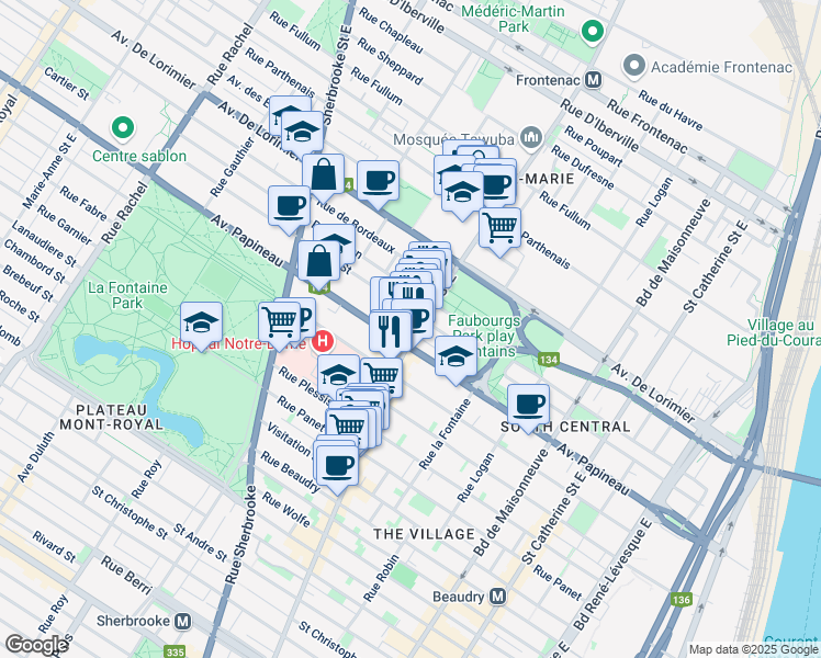 map of restaurants, bars, coffee shops, grocery stores, and more near 2011 Avenue Papineau in Montréal