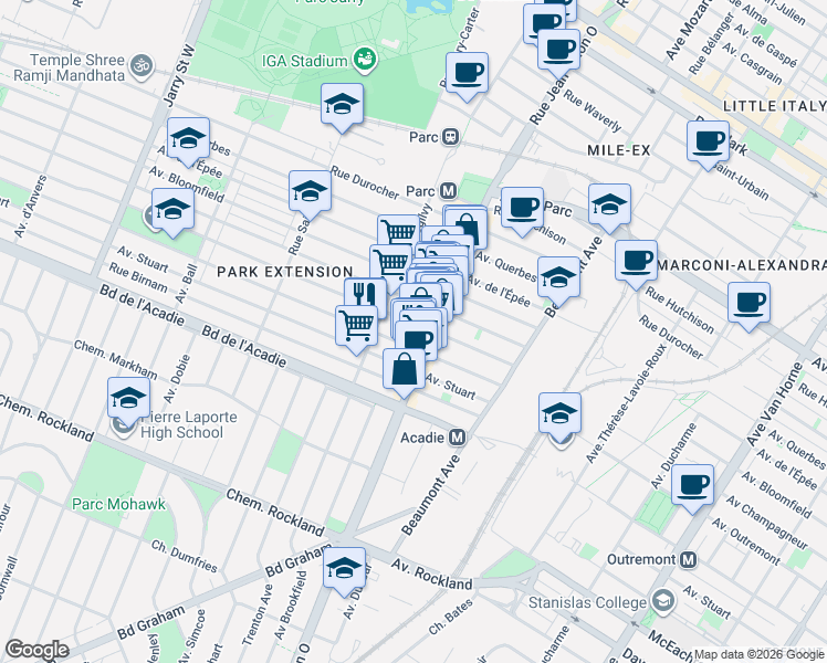 map of restaurants, bars, coffee shops, grocery stores, and more near 7228 Avenue d'Outremont in Montréal