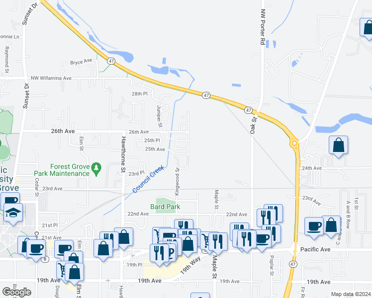 map of restaurants, bars, coffee shops, grocery stores, and more near 2554 Carson Loop in Forest Grove