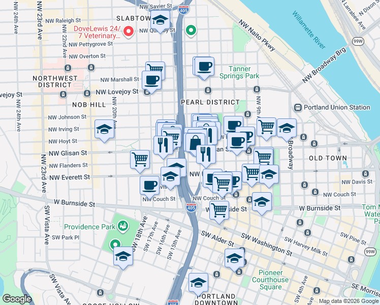 map of restaurants, bars, coffee shops, grocery stores, and more near 498 Northwest 15th Avenue in Portland