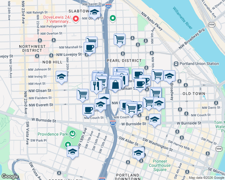 map of restaurants, bars, coffee shops, grocery stores, and more near 498 Northwest 15th Avenue in Portland