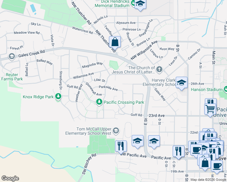 map of restaurants, bars, coffee shops, grocery stores, and more near 1248 Parkside Avenue in Forest Grove