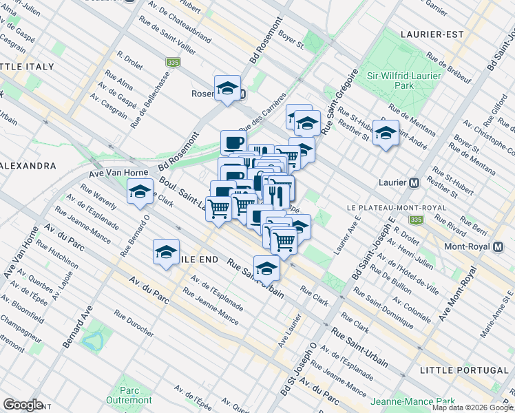 map of restaurants, bars, coffee shops, grocery stores, and more near 5440 Avenue Casgrain in Montréal