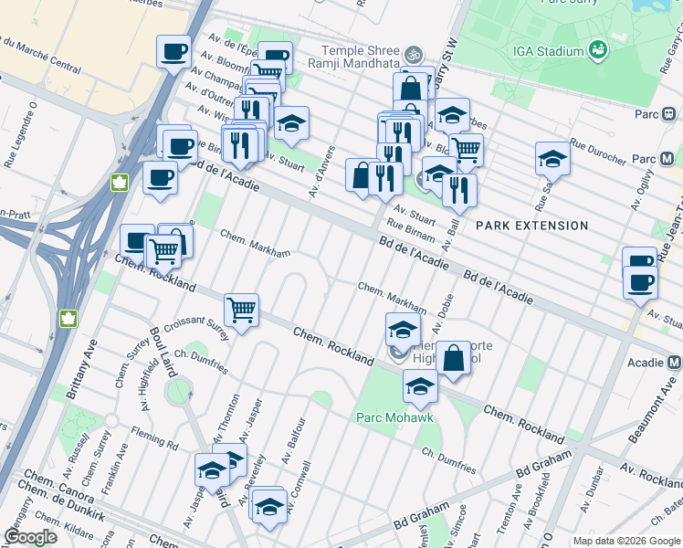 map of restaurants, bars, coffee shops, grocery stores, and more near 406 Avenue Beverley in Mont-Royal