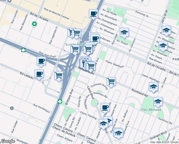 map of restaurants, bars, coffee shops, grocery stores, and more near 2204 Rockland Road in Mount Royal