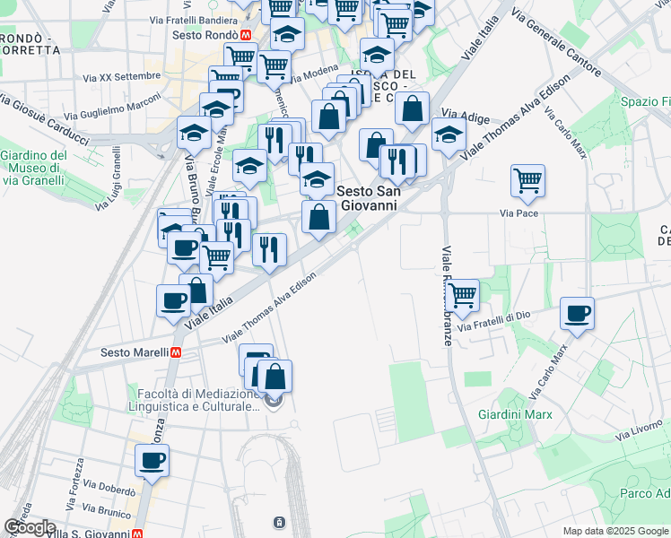 map of restaurants, bars, coffee shops, grocery stores, and more near 110 Viale Thomas Alva Edison in Sesto San Giovanni