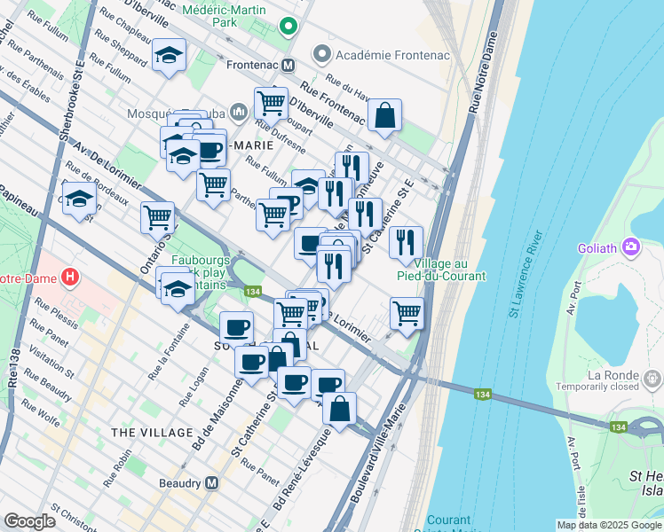 map of restaurants, bars, coffee shops, grocery stores, and more near 1450 Rue Parthenais in Montréal