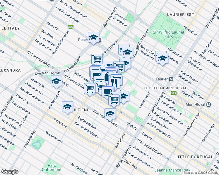 map of restaurants, bars, coffee shops, grocery stores, and more near 5425 Casgrain Avenue in Montreal