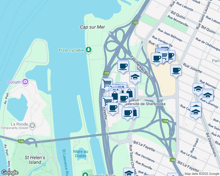map of restaurants, bars, coffee shops, grocery stores, and more near 50 Rue de la Barre in Longueuil