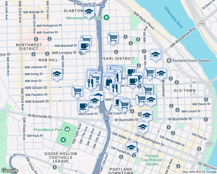 map of restaurants, bars, coffee shops, grocery stores, and more near 1436 Northwest Glisan Street in Portland