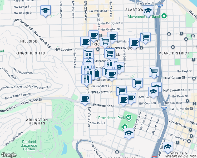 map of restaurants, bars, coffee shops, grocery stores, and more near 2225 Northwest Glisan Street in Portland