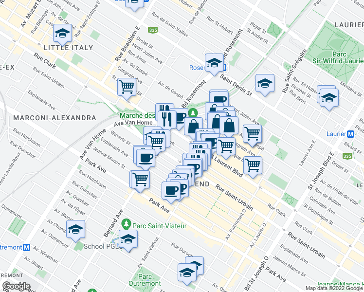 map of restaurants, bars, coffee shops, grocery stores, and more near 5689 Rue Clark in Montréal