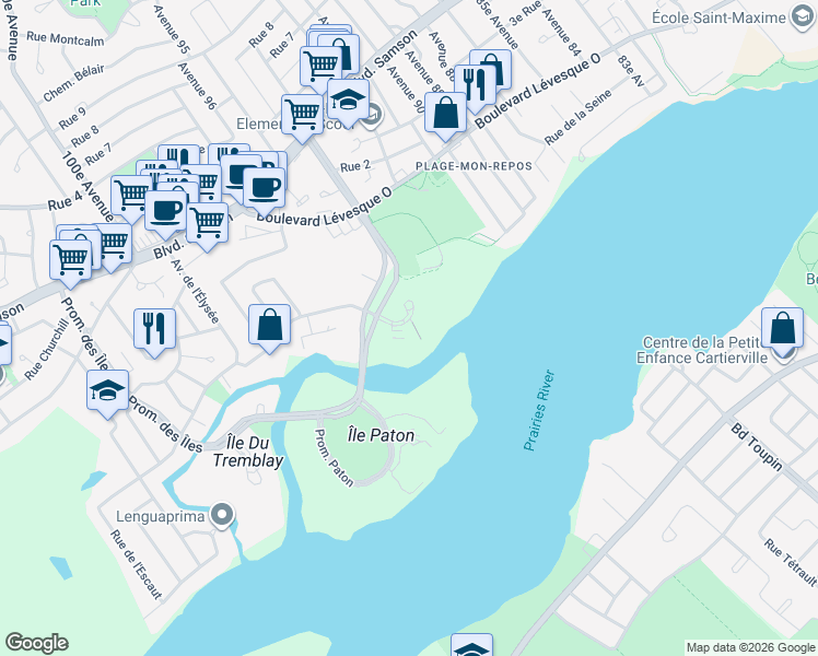 map of restaurants, bars, coffee shops, grocery stores, and more near 4200 Place des Cageux in Laval