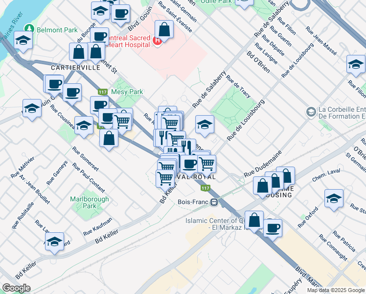 map of restaurants, bars, coffee shops, grocery stores, and more near 11935 Rue Dulongpré in Montréal