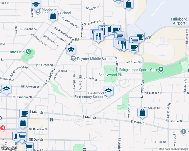 map of restaurants, bars, coffee shops, grocery stores, and more near 1946 Northeast Laura Court in Hillsboro