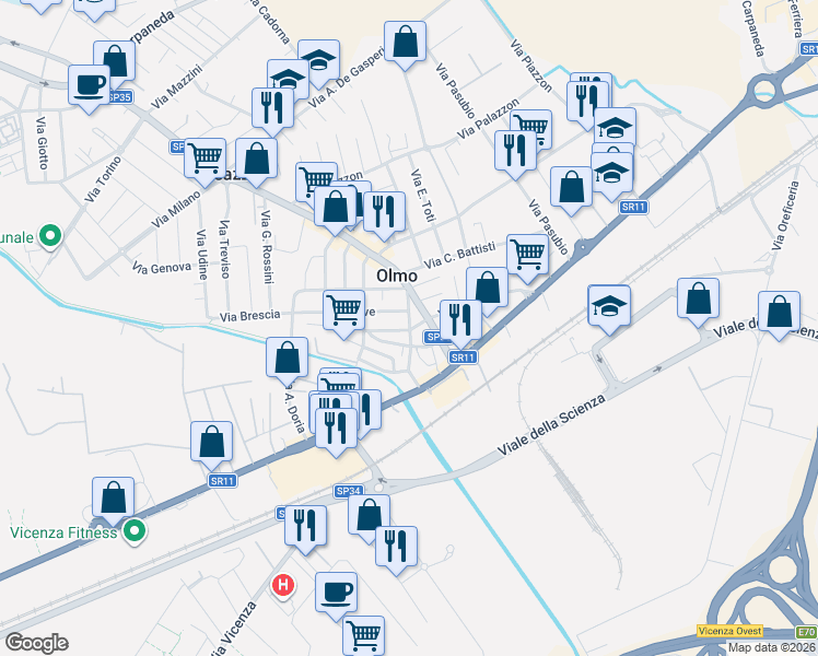 map of restaurants, bars, coffee shops, grocery stores, and more near 3 Via Brenta in Creazzo