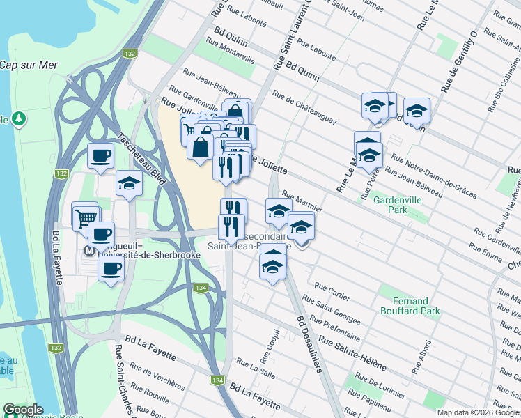 map of restaurants, bars, coffee shops, grocery stores, and more near 488 Rue Dollard in Longueuil