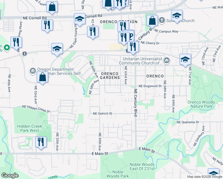 map of restaurants, bars, coffee shops, grocery stores, and more near 478 Northeast 61st Place in Hillsboro