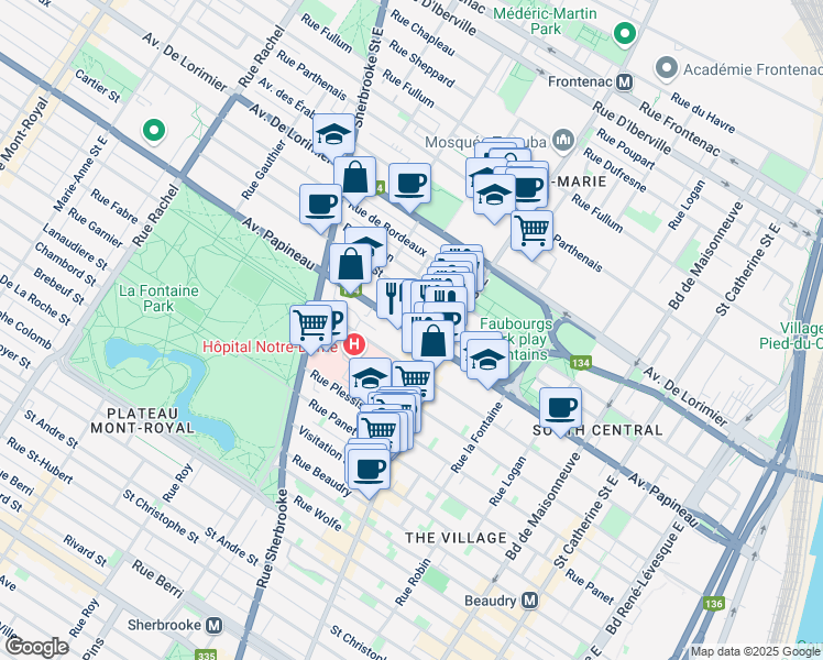 map of restaurants, bars, coffee shops, grocery stores, and more near 2072 Avenue Papineau in Montreal