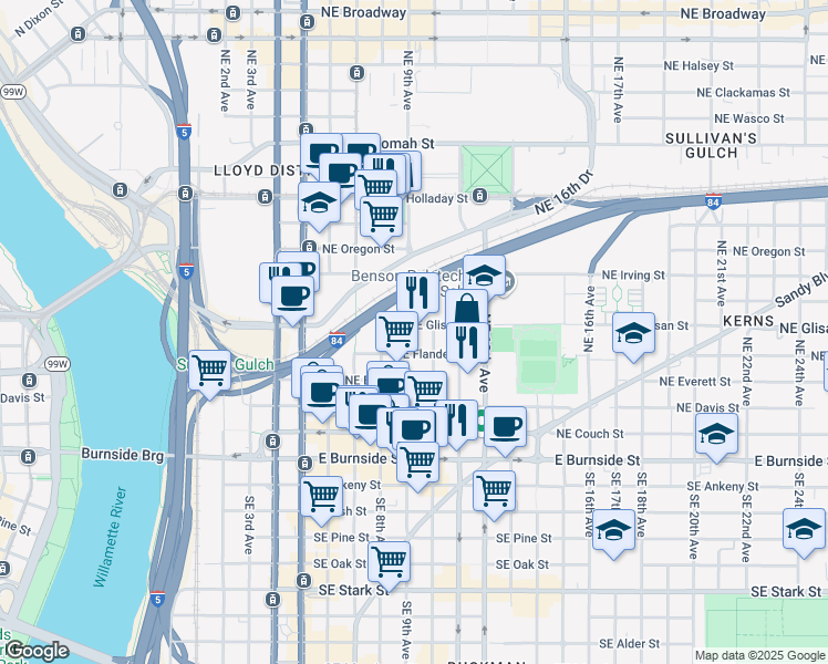 map of restaurants, bars, coffee shops, grocery stores, and more near 846 Northeast Glisan Street in Portland