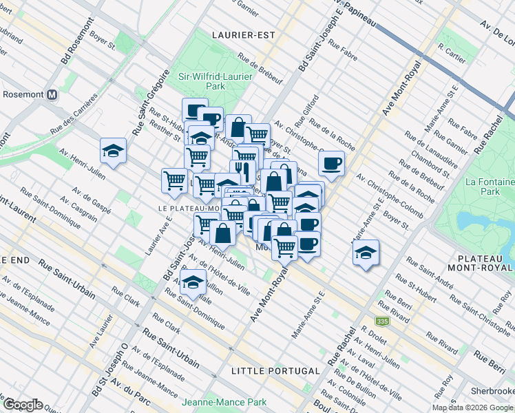 map of restaurants, bars, coffee shops, grocery stores, and more near 4715 Rue Berri in Montréal