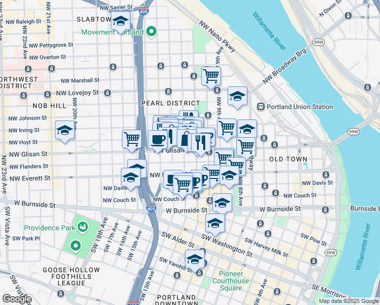 map of restaurants, bars, coffee shops, grocery stores, and more near 512 Northwest 12th Avenue in Portland