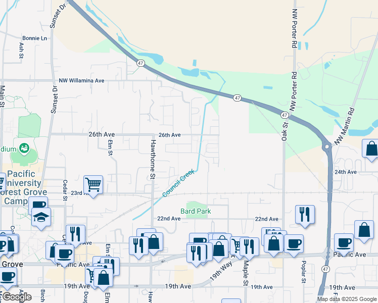map of restaurants, bars, coffee shops, grocery stores, and more near 2863 25th Avenue in Forest Grove