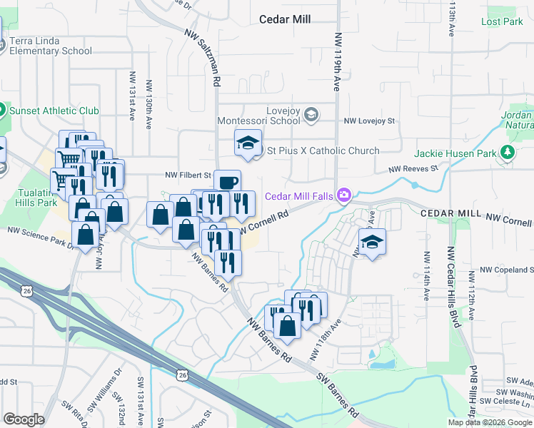 map of restaurants, bars, coffee shops, grocery stores, and more near 12275 Northwest Cornell Road in Portland