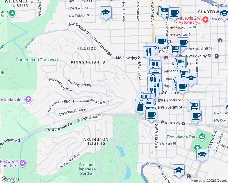 map of restaurants, bars, coffee shops, grocery stores, and more near 394 Northwest Maywood Drive in Portland