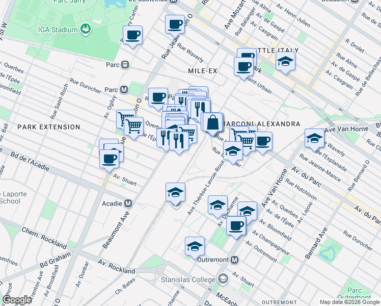 map of restaurants, bars, coffee shops, grocery stores, and more near 6829 Avenue de l'Épée in Montréal