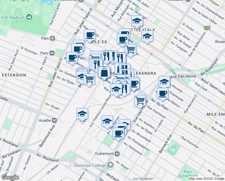 map of restaurants, bars, coffee shops, grocery stores, and more near in Montreal