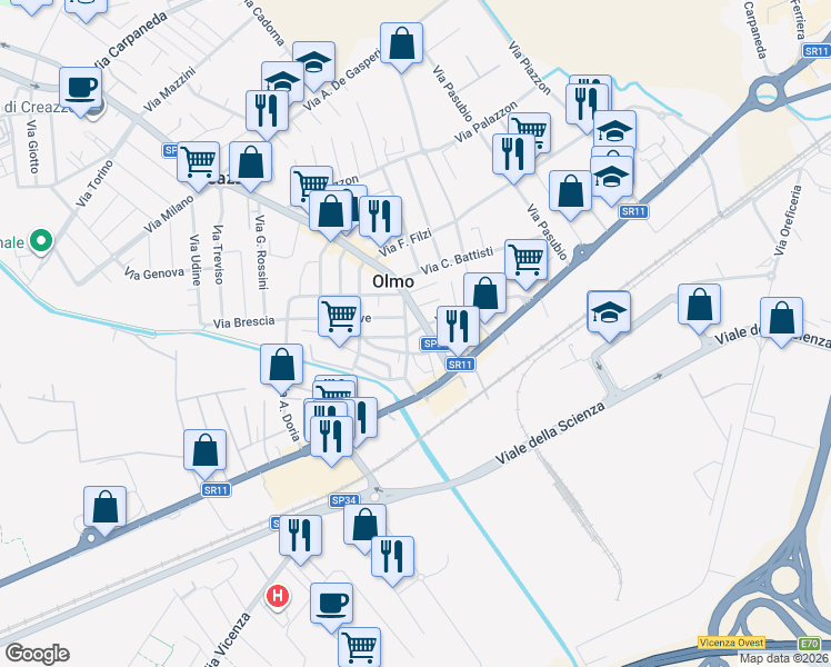 map of restaurants, bars, coffee shops, grocery stores, and more near 3 Via Brenta in Creazzo
