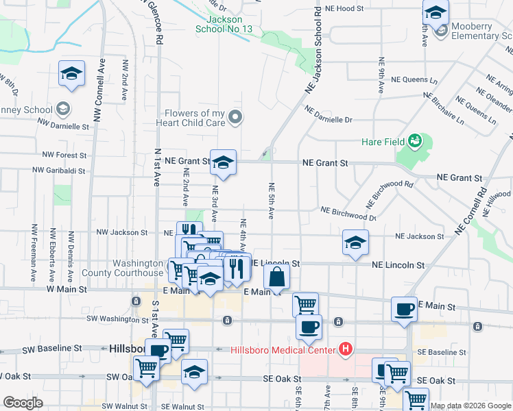 map of restaurants, bars, coffee shops, grocery stores, and more near 433 Northeast Edison Street in Hillsboro