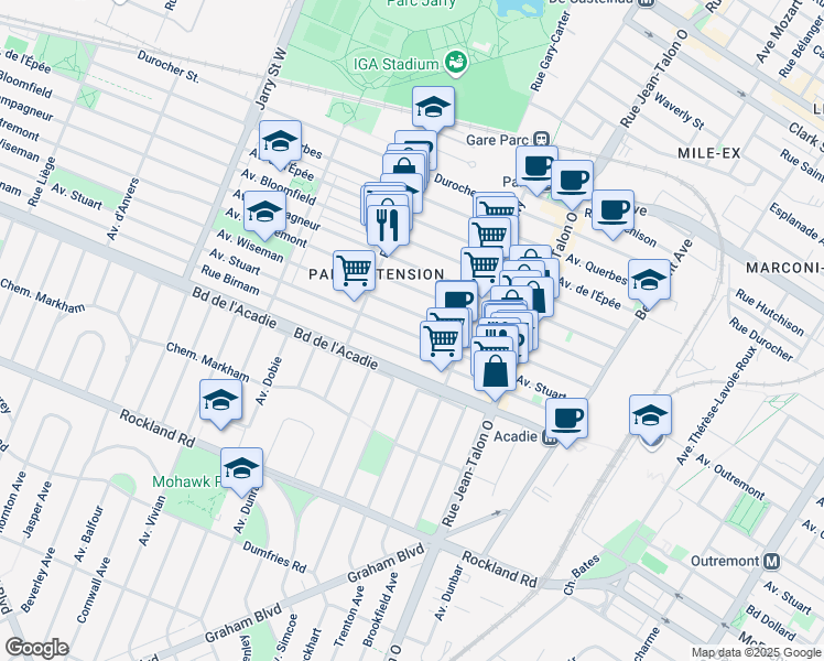 map of restaurants, bars, coffee shops, grocery stores, and more near 7495 Avenue Stuart in Montreal