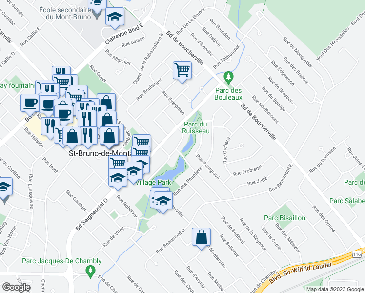 map of restaurants, bars, coffee shops, grocery stores, and more near 446 Rue Lakeview in Saint-Bruno-de-Montarville