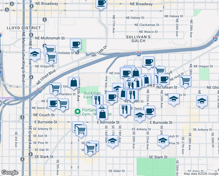 map of restaurants, bars, coffee shops, grocery stores, and more near 1626 Northeast Glisan Street in Portland