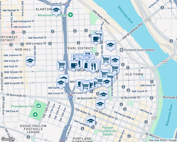 map of restaurants, bars, coffee shops, grocery stores, and more near 512 Northwest 12th Avenue in Portland