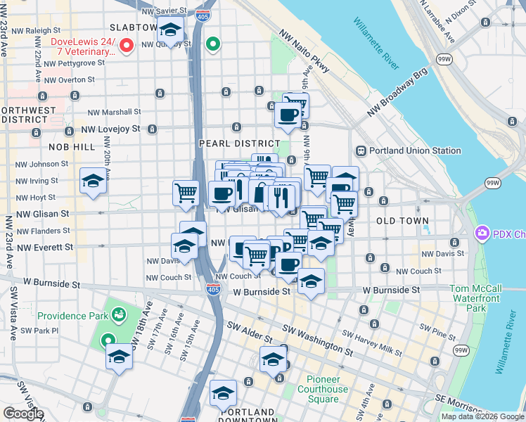 map of restaurants, bars, coffee shops, grocery stores, and more near 512 Northwest 12th Avenue in Portland