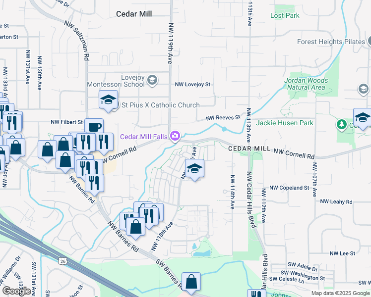 map of restaurants, bars, coffee shops, grocery stores, and more near 715 Northwest Falling Waters Lane in Portland