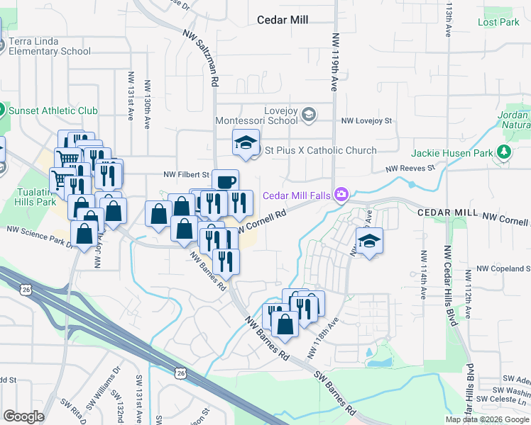 map of restaurants, bars, coffee shops, grocery stores, and more near 12275 Northwest Cornell Road in Portland