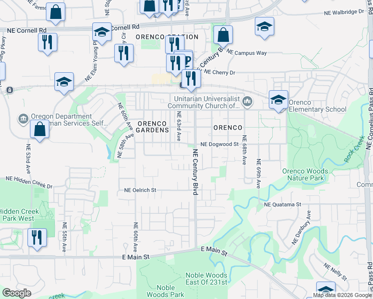 map of restaurants, bars, coffee shops, grocery stores, and more near 484 Northeast 63rd Way in Hillsboro