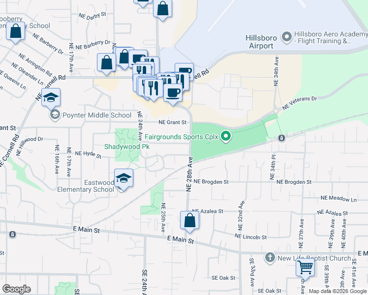 map of restaurants, bars, coffee shops, grocery stores, and more near 2694 Northeast Laura Street in Hillsboro