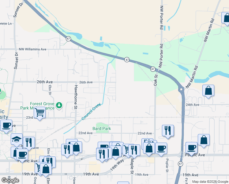 map of restaurants, bars, coffee shops, grocery stores, and more near 2501 Carson Loop in Forest Grove