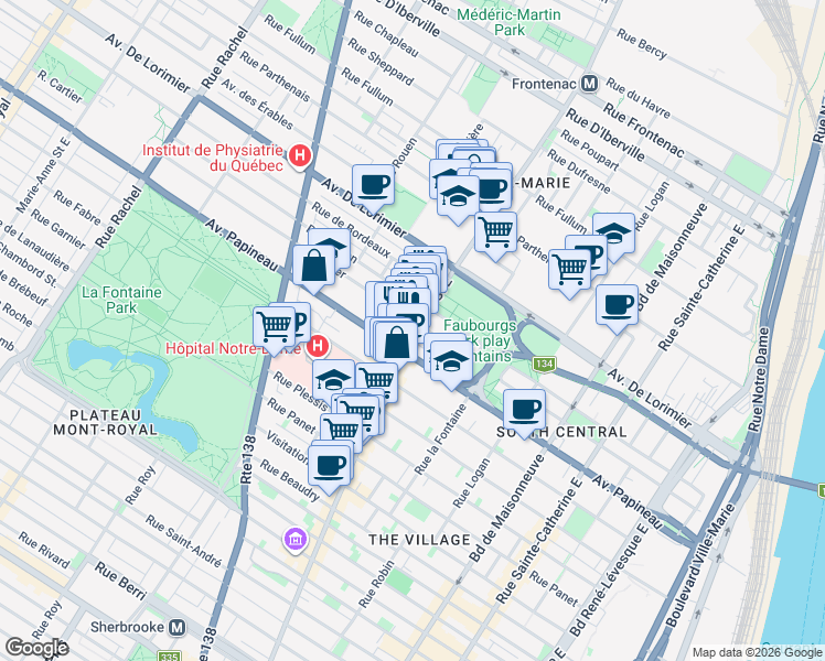 map of restaurants, bars, coffee shops, grocery stores, and more near 1839 Rue Ontario Est in Montréal
