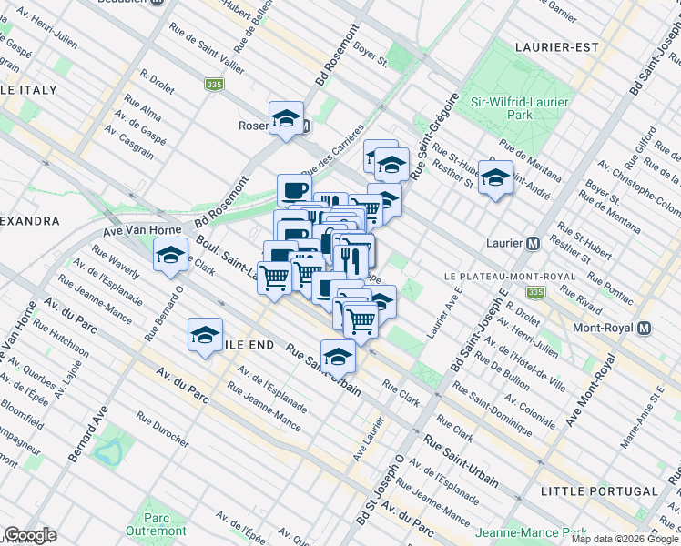 map of restaurants, bars, coffee shops, grocery stores, and more near 5425 Avenue Casgrain in Montréal