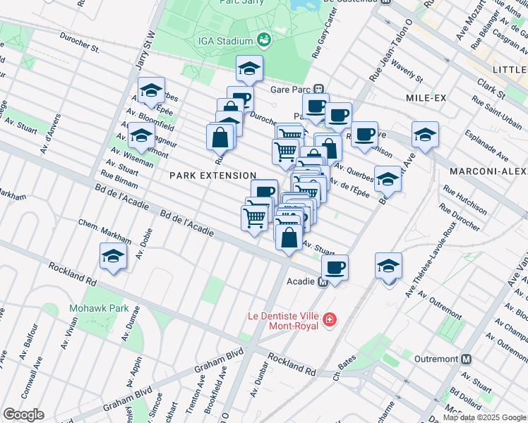 map of restaurants, bars, coffee shops, grocery stores, and more near 7415 Avenue Wiseman in Montreal