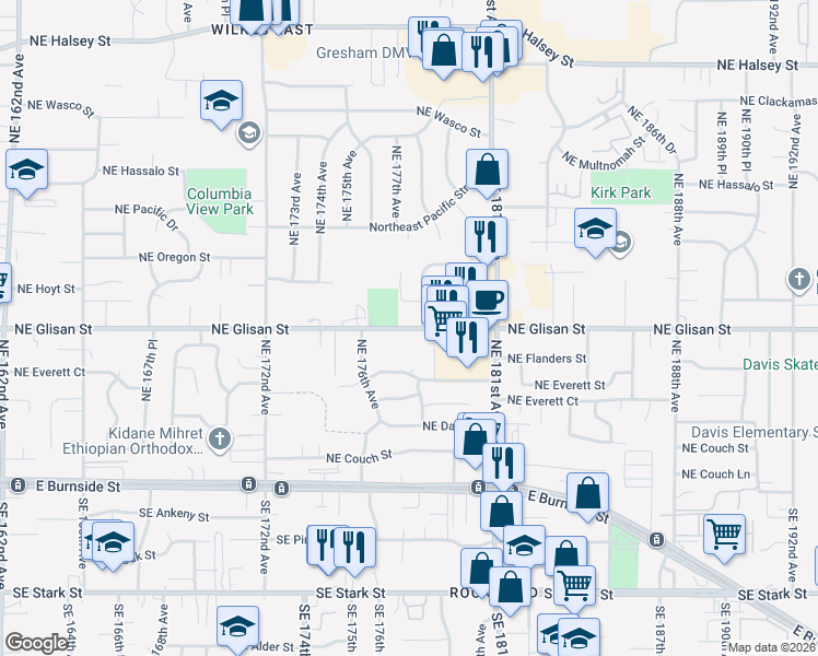 map of restaurants, bars, coffee shops, grocery stores, and more near 17726 Northeast Glisan Street in Portland