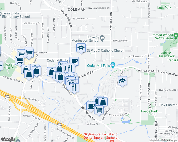 map of restaurants, bars, coffee shops, grocery stores, and more near 12275 Northwest Cornell Road in Portland