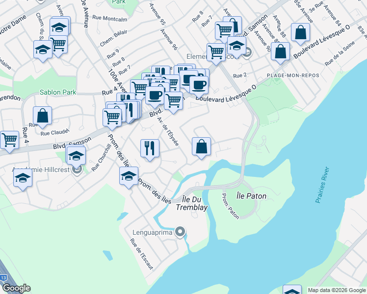 map of restaurants, bars, coffee shops, grocery stores, and more near 169 Avenue de l'Élysée in Laval