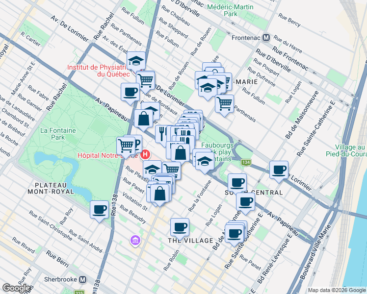 map of restaurants, bars, coffee shops, grocery stores, and more near 1827 Rue Ontario East in Montréal